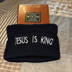 Black Beanie with 'Jesus Is King' Embroidery and Men’s 365 daily devotion book